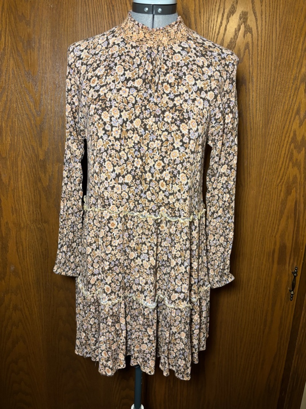 Smocked Neck Long-Sleeve Floral Dress in Taupe - mini.